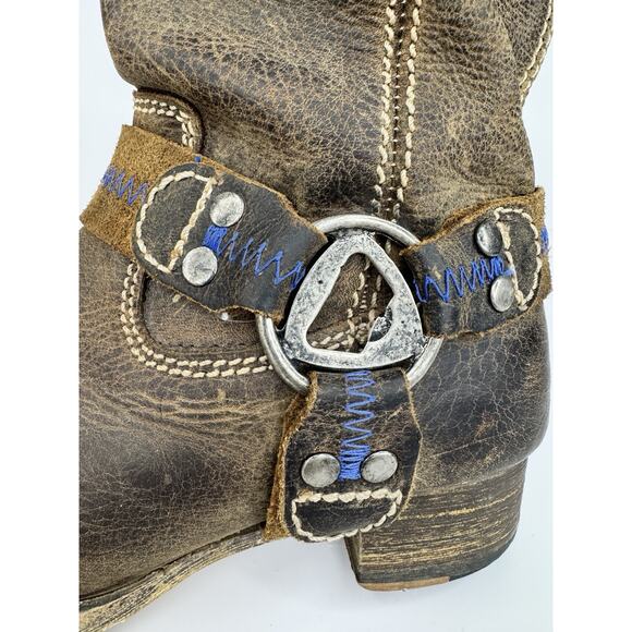 Bed|Stü Womens Leather Harness Boots 7 Brown Distressed Western Moto Made In Mex - Picture 10 of 12